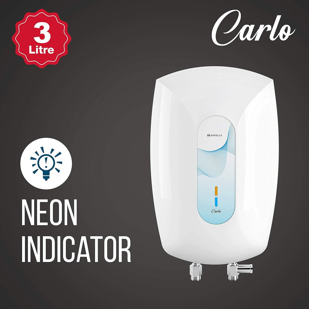 Havells Carlo 3 Litre Instant Water Heater(Geyser)|Heavy Duty Heating Element|SS 304 L Inner Tank|Bi-color Indicator|High Working Pressure|Rust & shock Proof Body|5 Year Tank Warranty