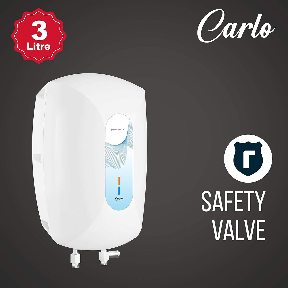 Havells Carlo 3 Litre Instant Water Heater(Geyser)|Heavy Duty Heating Element|SS 304 L Inner Tank|Bi-color Indicator|High Working Pressure|Rust & shock Proof Body|5 Year Tank Warranty