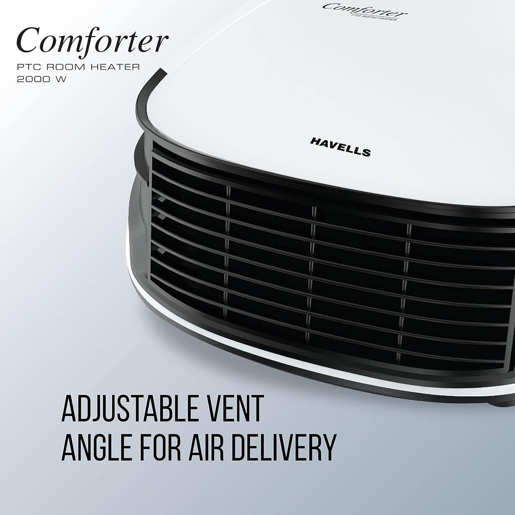 Havells Comforter 2000 Watt Room Heater with Overheat Protection| Easy to Carry for Bedroom and Office| Adjustable Thermostat Control Knob & Adjustable Vent for Air Delivery (White and Black)