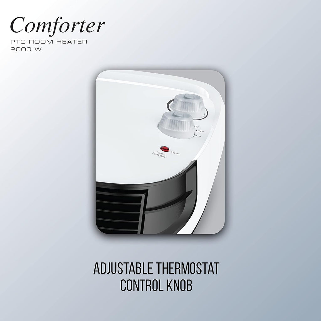 Havells Comforter 2000 Watt Room Heater with Overheat Protection| Easy to Carry for Bedroom and Office| Adjustable Thermostat Control Knob & Adjustable Vent for Air Delivery (White and Black)