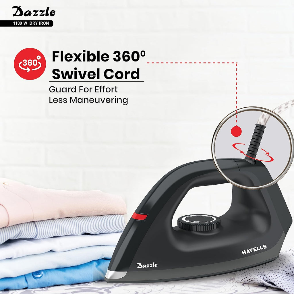 Havells Dry Iron Dazzle 1100 Watts, Iron Press, Greblon Non Sick Soleplate with German Technology