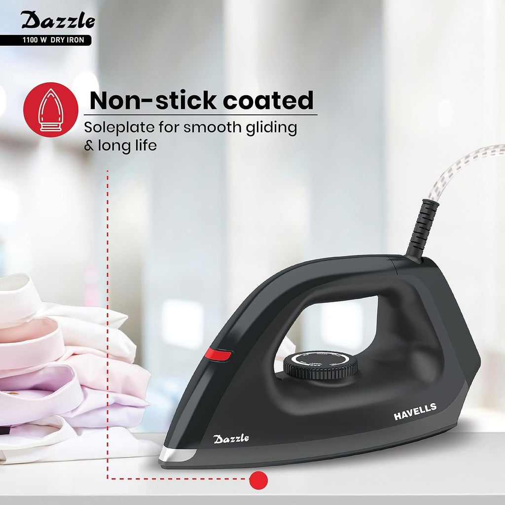 Havells Dry Iron Dazzle 1100 Watts, Iron Press, Greblon Non Sick Soleplate with German Technology