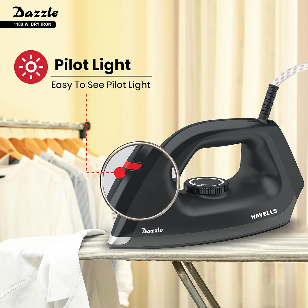 Havells Dry Iron Dazzle 1100 Watts, Iron Press, Greblon Non Sick Soleplate with German Technology
