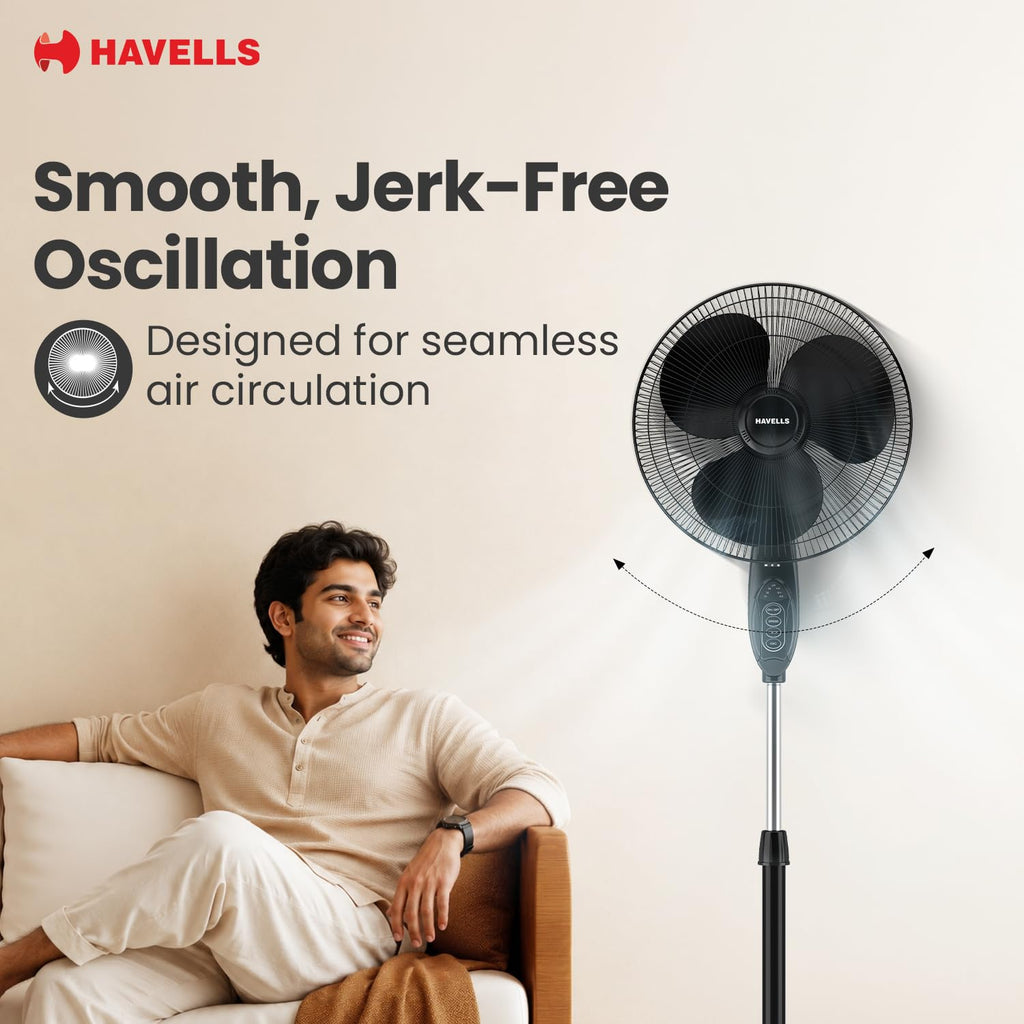 Havells Gatik Pro 400mm BLDC Pedestal Fan| 120 Ribs Guard for Safety| Smooth Oscillation| Heavy Base| ISI Marked | 2 Year Warranty | Black