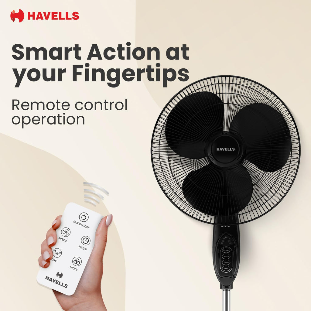 Havells Gatik Pro 400mm BLDC Pedestal Fan| 120 Ribs Guard for Safety| Smooth Oscillation| Heavy Base| ISI Marked | 2 Year Warranty | Black