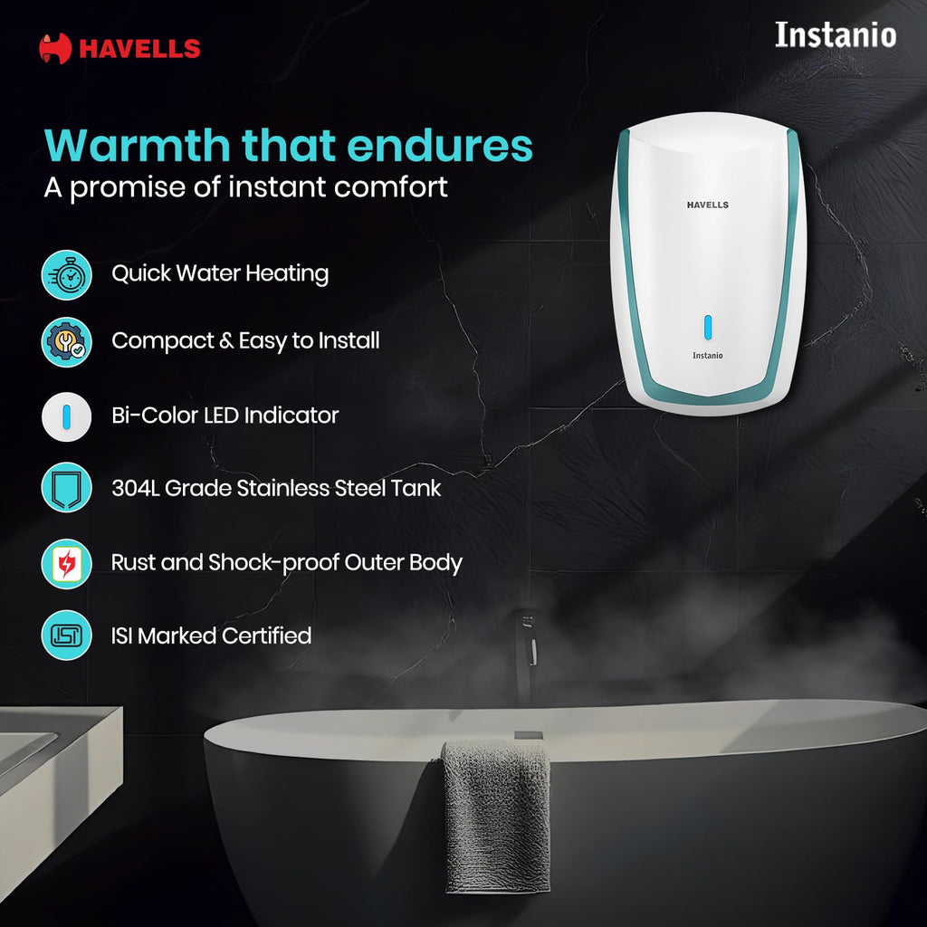 Havells Instanio 3L Instant Water Heater(Geyser)| Temp. Sensing LED Indicator| Rust & Shock Proof Body| ISI Marked|Warranty: 5 year on Inner Tank| High Rise Compatible (White Blue)