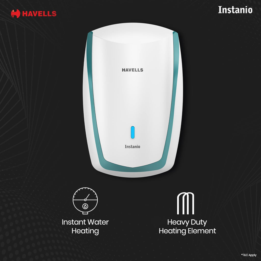 Havells Instanio 3L Instant Water Heater(Geyser)| Temp. Sensing LED Indicator| Rust & Shock Proof Body| ISI Marked|Warranty: 5 year on Inner Tank| High Rise Compatible (White Blue)