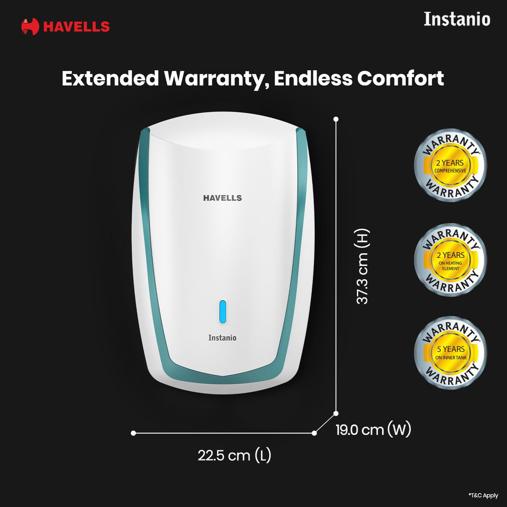 Havells Instanio 3L Instant Water Heater(Geyser)| Temp. Sensing LED Indicator| Rust & Shock Proof Body| ISI Marked|Warranty: 5 year on Inner Tank| High Rise Compatible (White Blue)