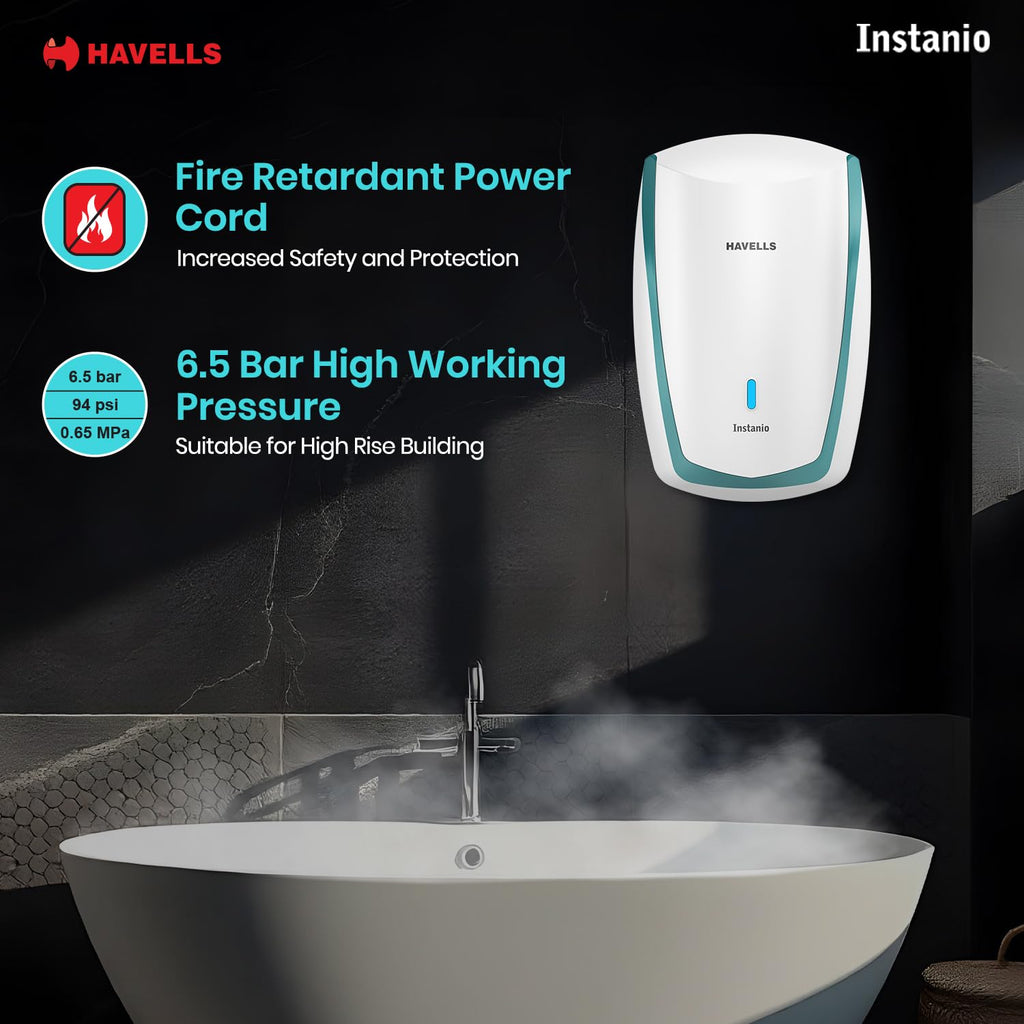 Havells Instanio 3L Instant Water Heater(Geyser)| Temp. Sensing LED Indicator| Rust & Shock Proof Body| ISI Marked|Warranty: 5 year on Inner Tank| High Rise Compatible (White Blue)