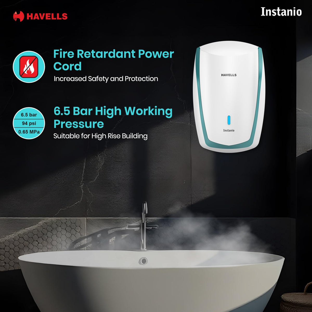Havells Instanio 3L Instant Water Heater(Geyser)| Temp. Sensing LED Indicator| Rust & Shock Proof Body| ISI Marked|Warranty: 5 year on Inner Tank| High Rise Compatible (White Blue)