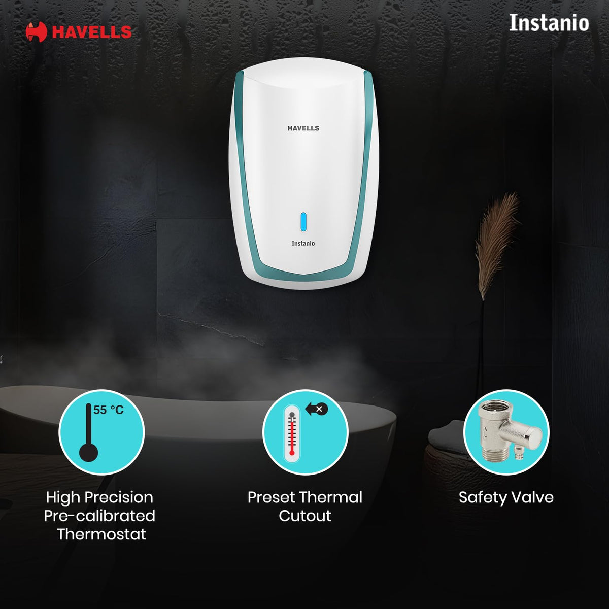 Havells Instanio 3L Instant Water Heater(Geyser)| Temp. Sensing LED Indicator| Rust & Shock Proof Body| ISI Marked|Warranty: 5 year on Inner Tank| High Rise Compatible (White Blue)