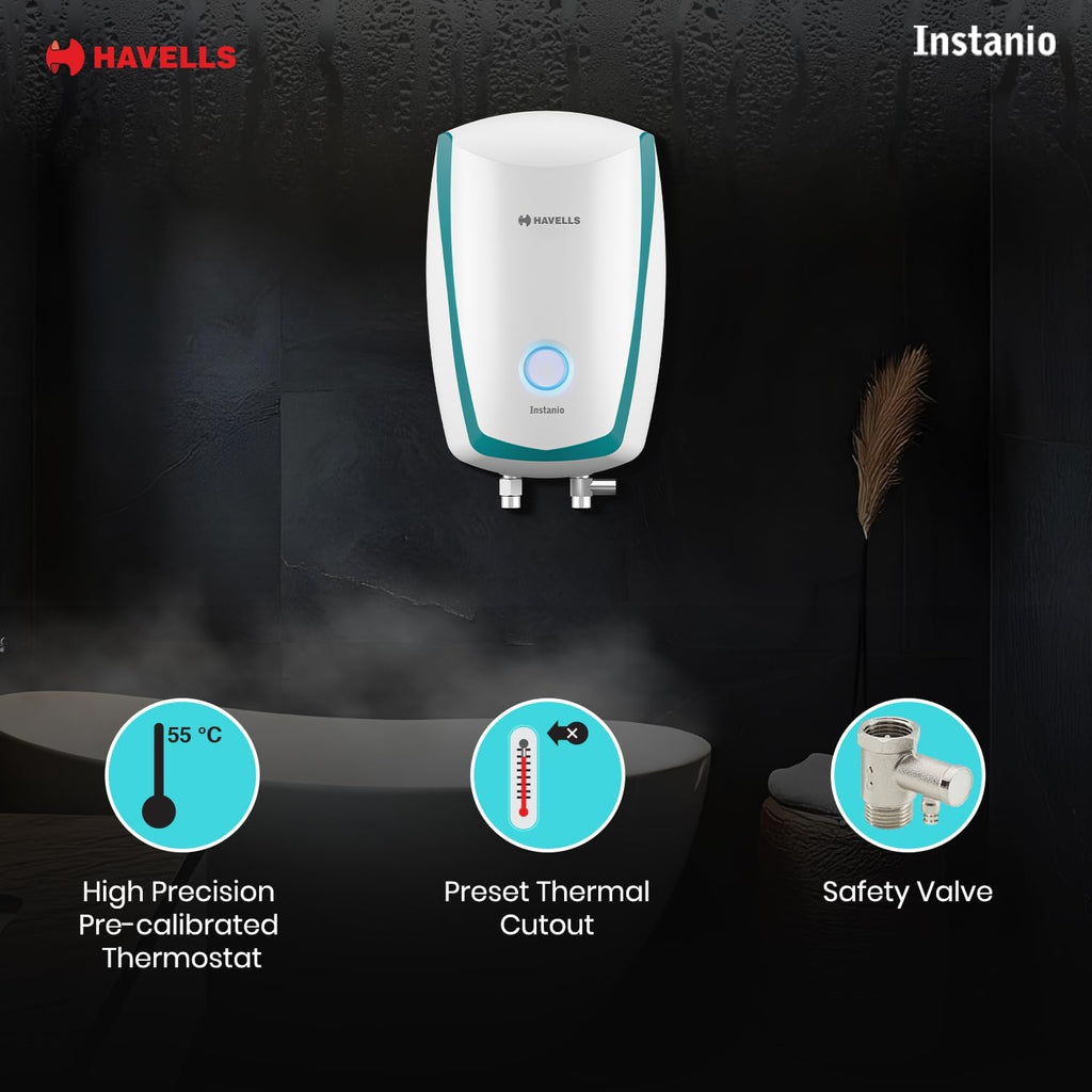 Havells Instanio 3L Instant Water Heater(Geyser)| Temp. Sensing LED Indicator| Rust & Shock Proof Body| ISI Marked|Warranty: 5 year on Inner Tank| High Rise Compatible (White Blue)