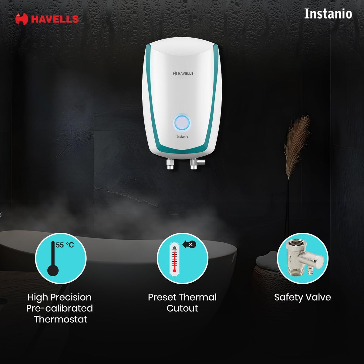Havells Instanio 3L Instant Water Heater(Geyser)| Temp. Sensing LED Indicator| Rust & Shock Proof Body| ISI Marked|Warranty: 5 year on Inner Tank| High Rise Compatible (White Blue)