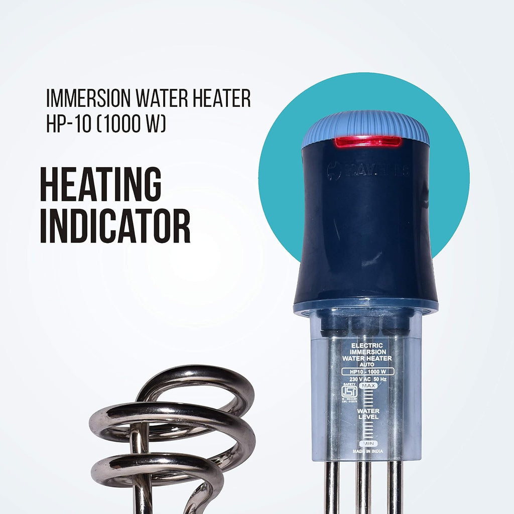 Havells Plastic Hp10 Auto 1000 watts Immersion Heater|Isi Mark Heavy Duty 3 Pin Moulded Plug,Touch Protection Cover|Waterproof,Heating Indicator,Nickel Plating,Warranty: 2 Year Comprehensive|(Blue)