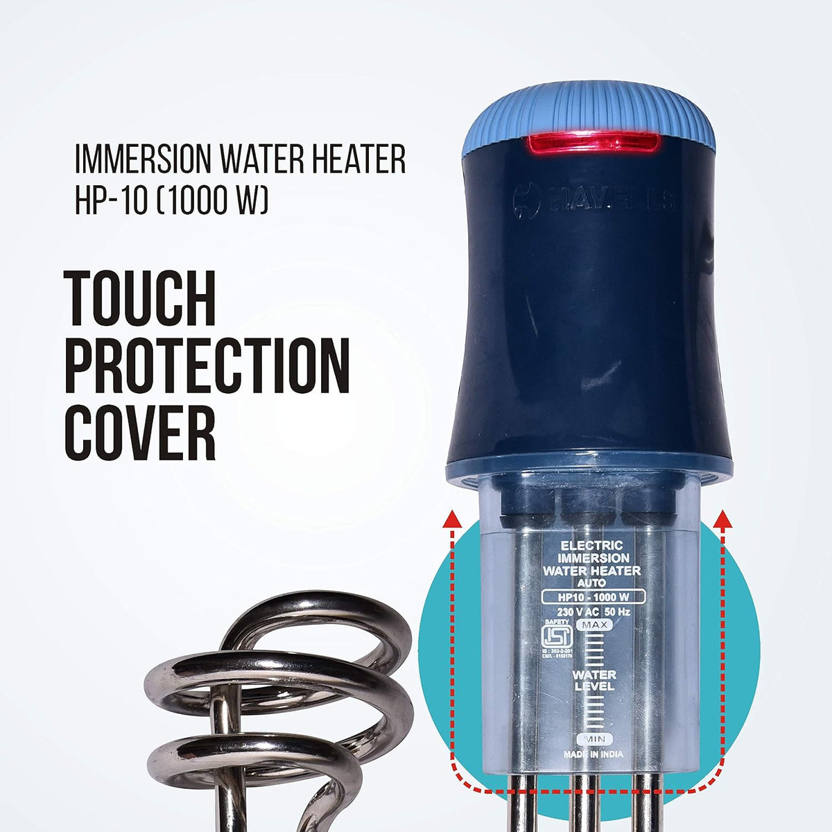 Havells Plastic Hp10 Auto 1000 watts Immersion Heater|Isi Mark Heavy Duty 3 Pin Moulded Plug,Touch Protection Cover|Waterproof,Heating Indicator,Nickel Plating,Warranty: 2 Year Comprehensive|(Blue)