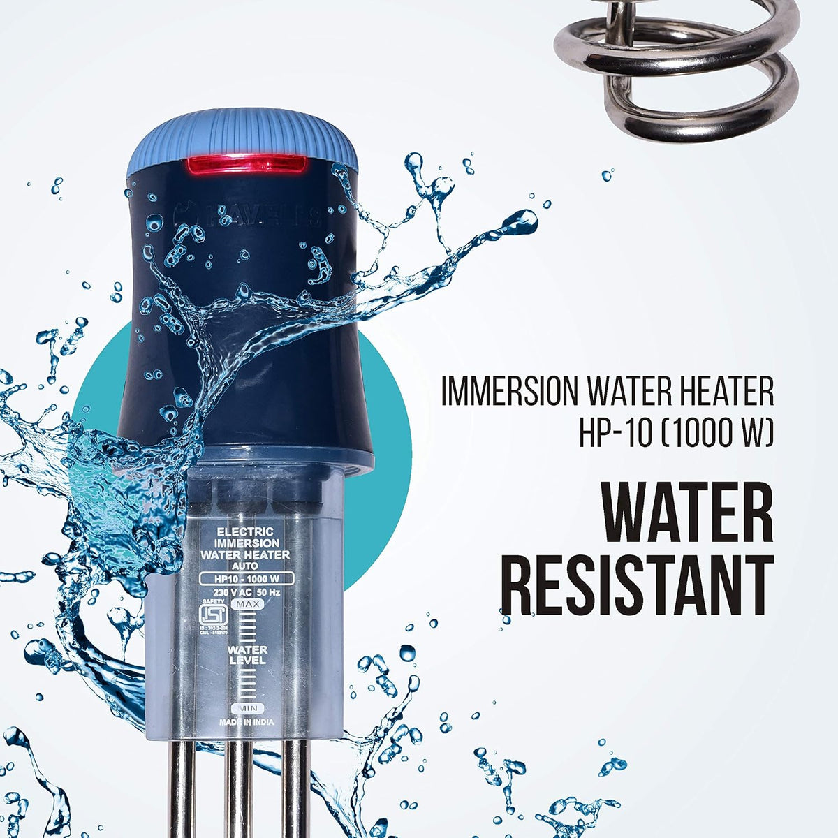 Havells Plastic Hp10 Auto 1000 watts Immersion Heater|Isi Mark Heavy Duty 3 Pin Moulded Plug,Touch Protection Cover|Waterproof,Heating Indicator,Nickel Plating,Warranty: 2 Year Comprehensive|(Blue)