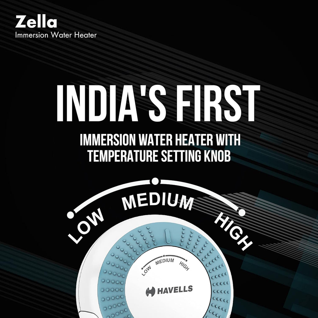 Havells Plastic Zella 1500 watts Immersion Heater|Automatic Cut-Off,Temp. Setting,Isi Mark 3 Pin Molded Plug|Protection Cover,Nickel Plating,Smart Switch For Safe Operation,Warranty: 2 Year|(Blue)