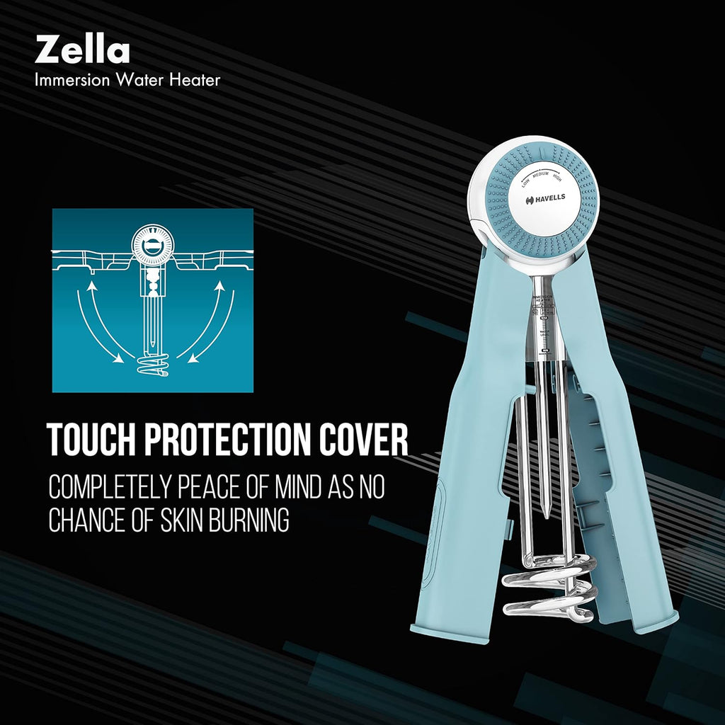 Havells Plastic Zella 1500 watts Immersion Heater|Automatic Cut-Off,Temp. Setting,Isi Mark 3 Pin Molded Plug|Protection Cover,Nickel Plating,Smart Switch For Safe Operation,Warranty: 2 Year|(Blue)