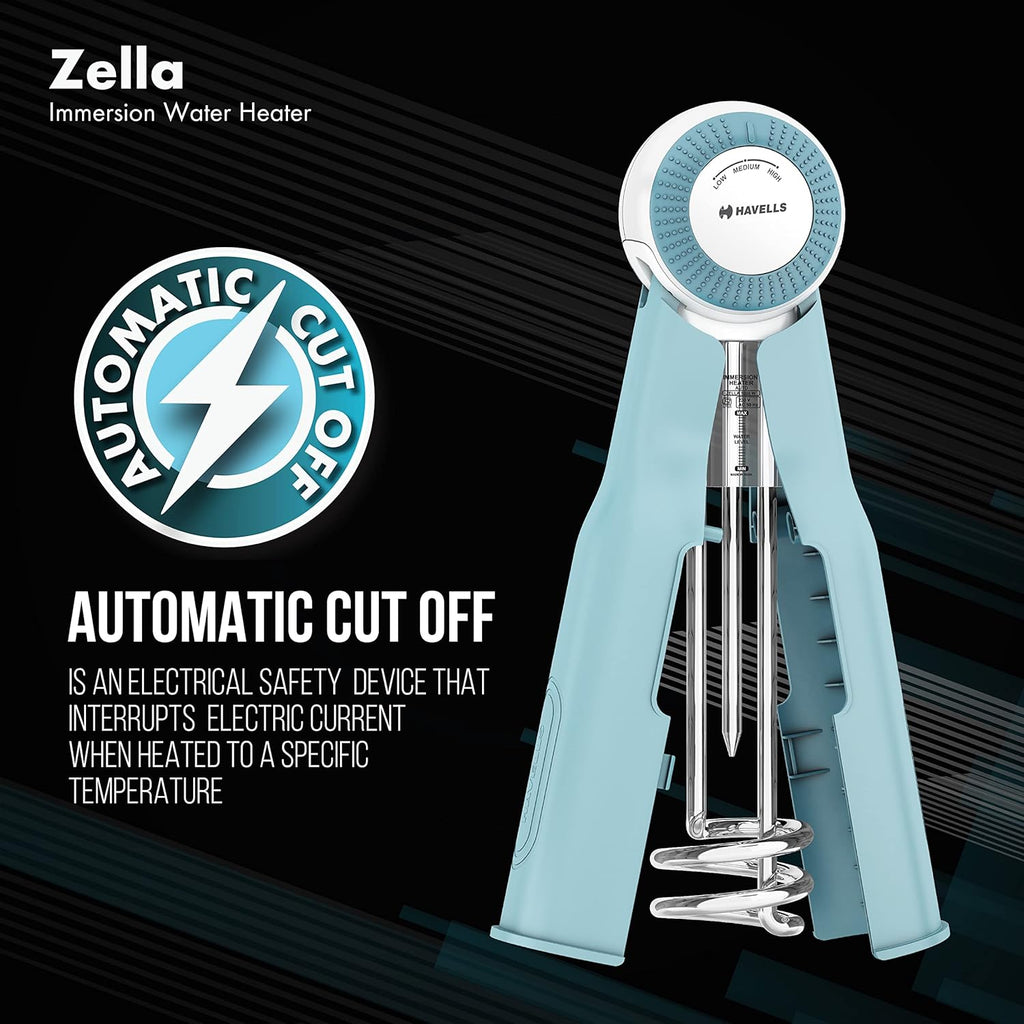 Havells Plastic Zella 1500 watts Immersion Heater|Automatic Cut-Off,Temp. Setting,Isi Mark 3 Pin Molded Plug|Protection Cover,Nickel Plating,Smart Switch For Safe Operation,Warranty: 2 Year|(Blue)