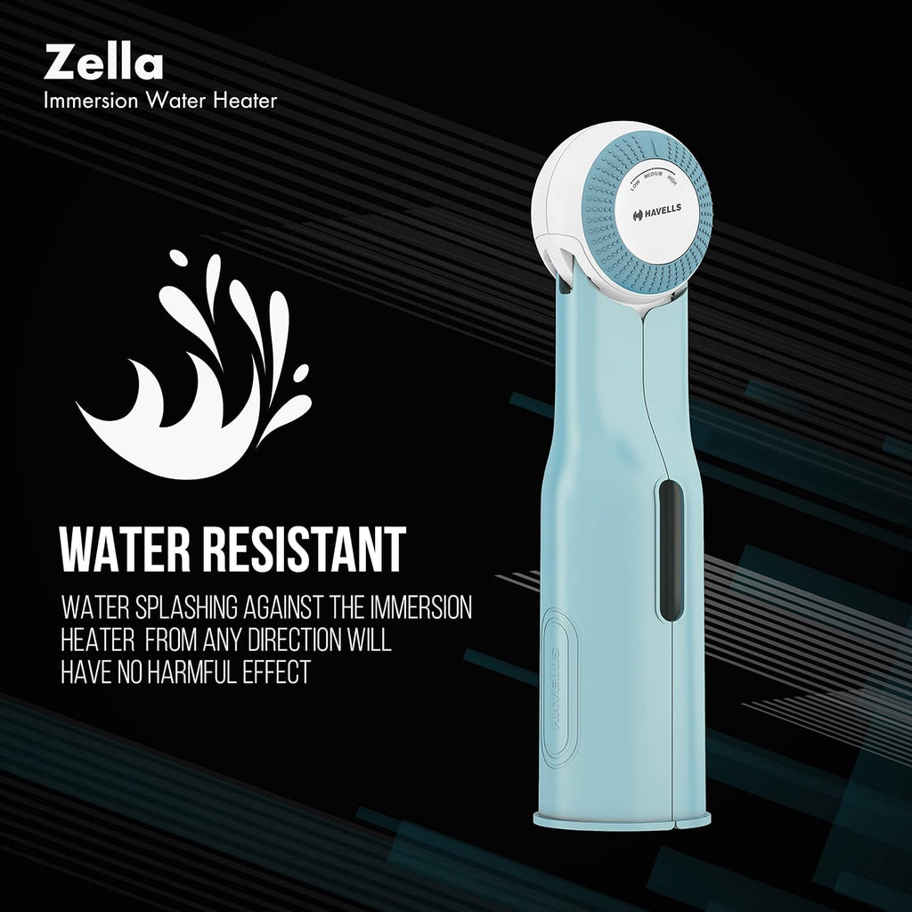 Havells Plastic Zella 1500 watts Immersion Heater|Automatic Cut-Off,Temp. Setting,Isi Mark 3 Pin Molded Plug|Protection Cover,Nickel Plating,Smart Switch For Safe Operation,Warranty: 2 Year|(Blue)