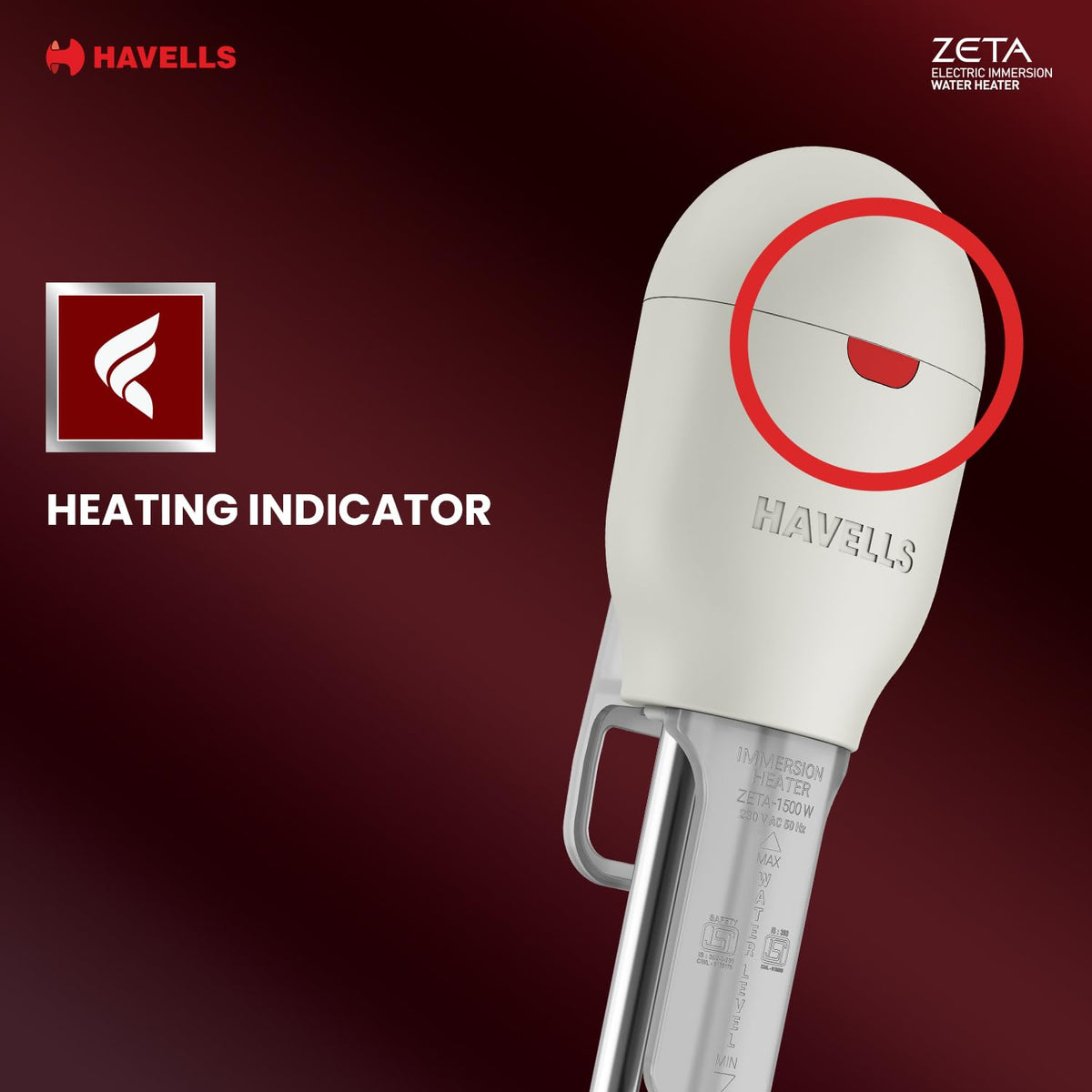 Havells Plastic Zeta 1000 Watt Immersion Heater | ISI Mark Heavy Duty 3 Pin Moulded Plug, Touch Protection Cover |Waterproof, Heating Indicator, Nickel Plating, Warranty: 2 Year Comprehensive|(Grey)