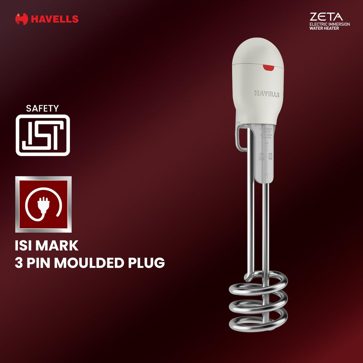 Havells Plastic Zeta 1000 Watt Immersion Heater | ISI Mark Heavy Duty 3 Pin Moulded Plug, Touch Protection Cover |Waterproof, Heating Indicator, Nickel Plating, Warranty: 2 Year Comprehensive|(Grey)