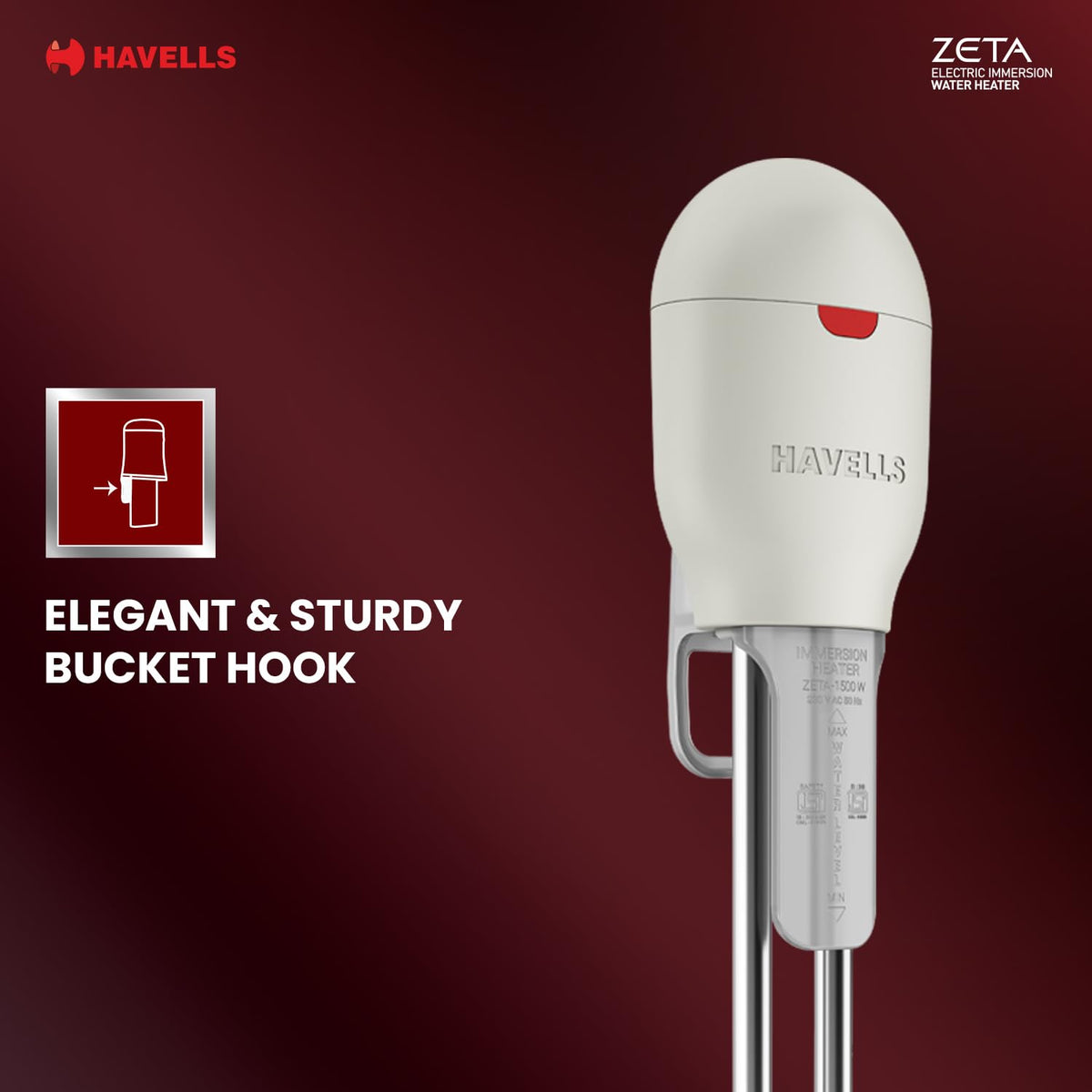 Havells Plastic Zeta 1000 Watt Immersion Heater | ISI Mark Heavy Duty 3 Pin Moulded Plug, Touch Protection Cover |Waterproof, Heating Indicator, Nickel Plating, Warranty: 2 Year Comprehensive|(Grey)