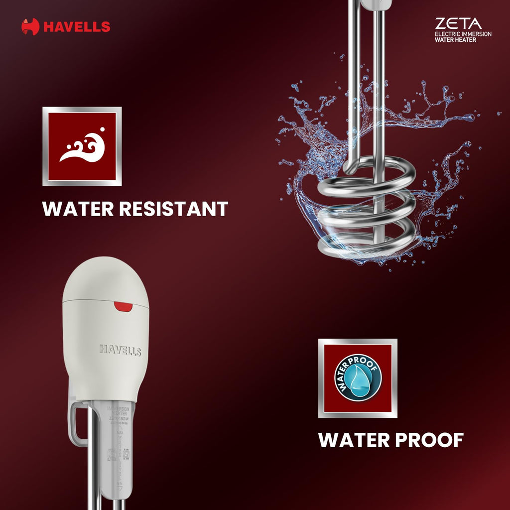 Havells Plastic Zeta 1000 Watt Immersion Heater | ISI Mark Heavy Duty 3 Pin Moulded Plug, Touch Protection Cover |Waterproof, Heating Indicator, Nickel Plating, Warranty: 2 Year Comprehensive|(Grey)