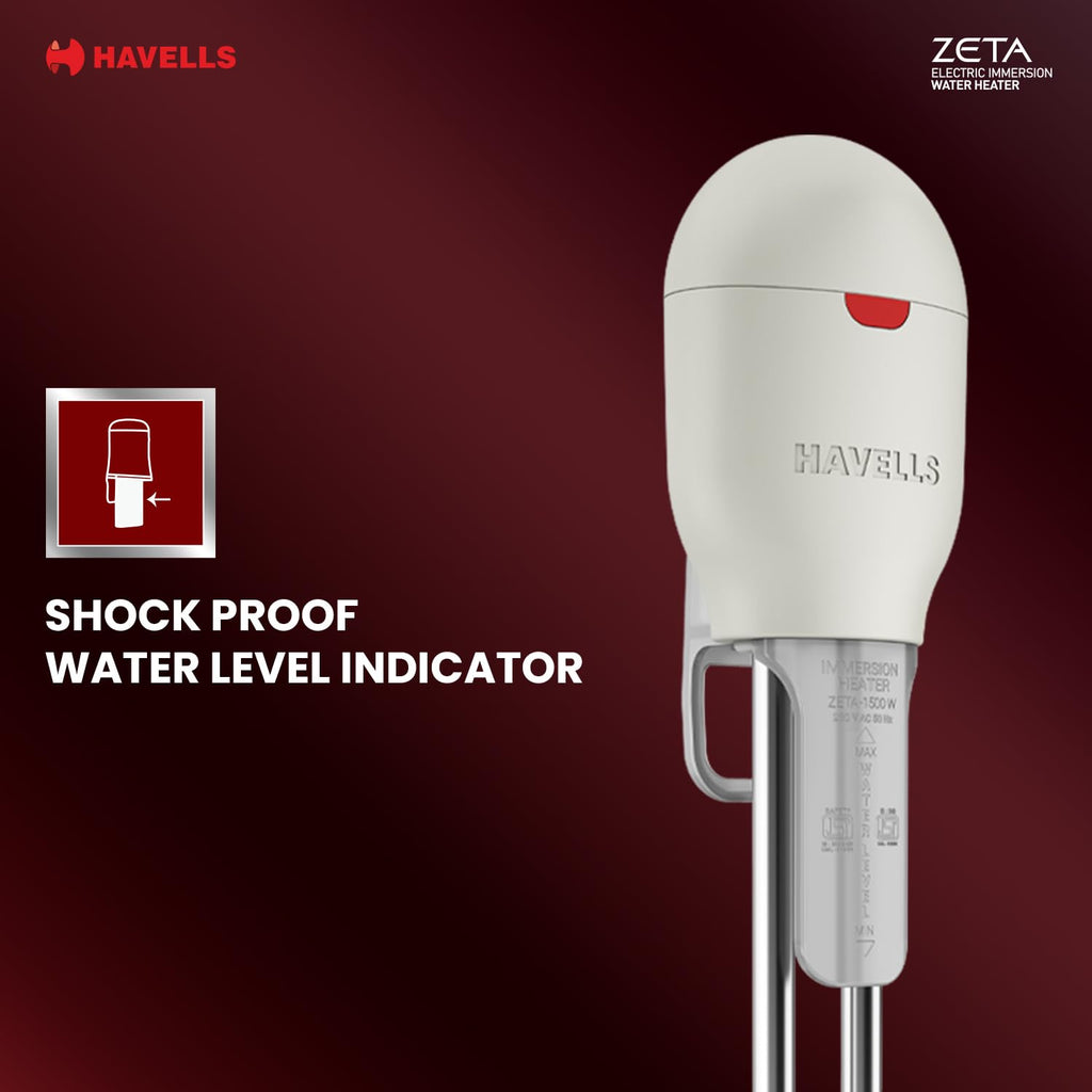 Havells Plastic Zeta 1000 Watt Immersion Heater | ISI Mark Heavy Duty 3 Pin Moulded Plug, Touch Protection Cover |Waterproof, Heating Indicator, Nickel Plating, Warranty: 2 Year Comprehensive|(Grey)