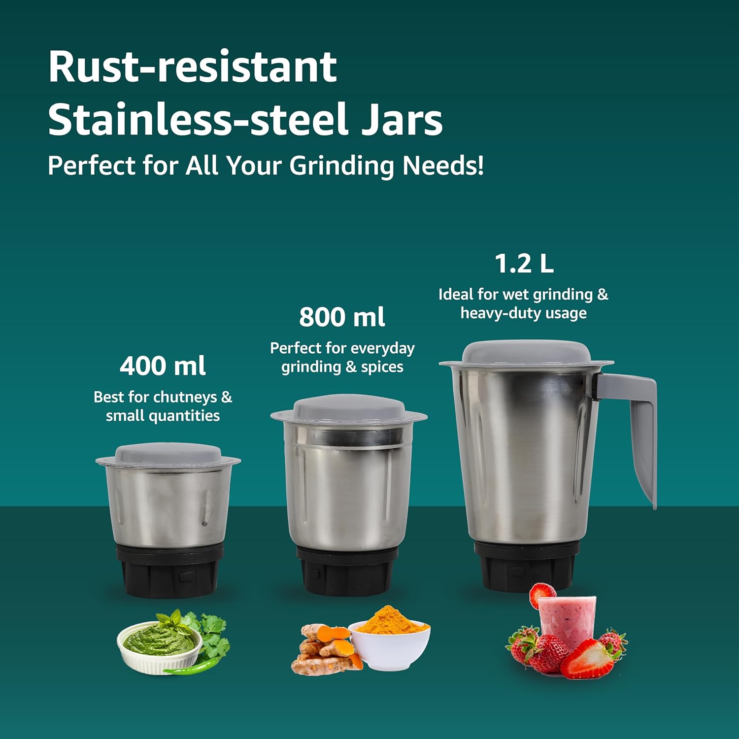 Havells Pulse 500 Watt Mixer Grinder|3 Stainless Steel Leak-Resistant Jars (400ml, 800ml, 1.2L)