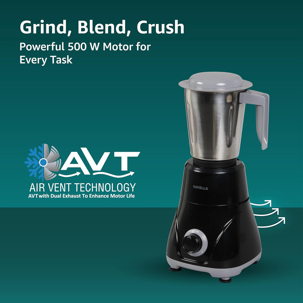 Havells Pulse 500 Watt Mixer Grinder|3 Stainless Steel Leak-Resistant Jars (400ml, 800ml, 1.2L)