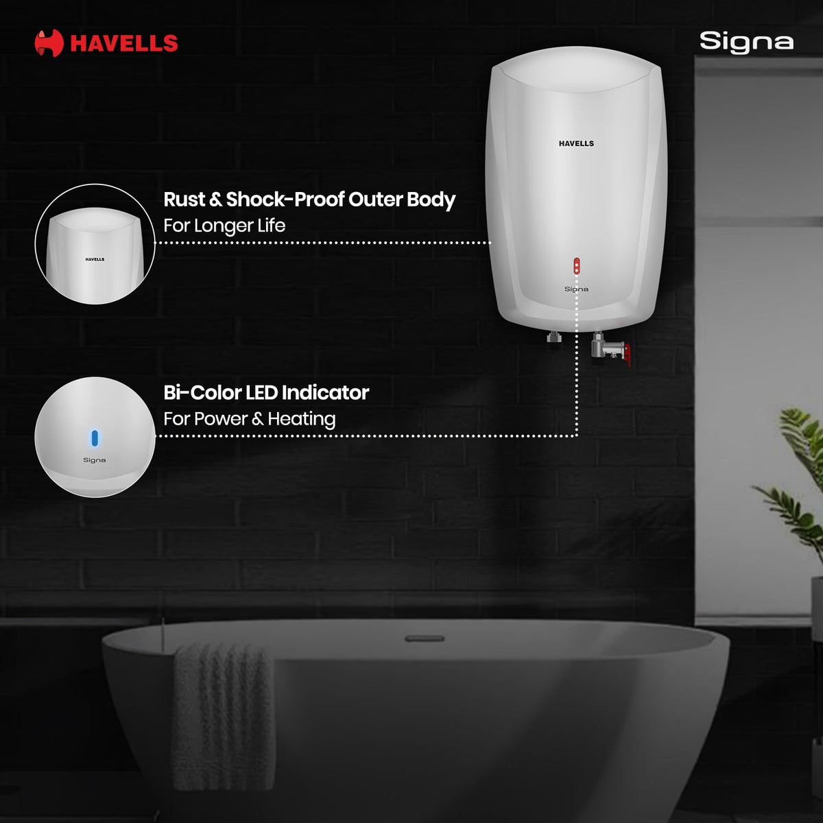 Havells Signa 5L Instant Water Heater(Geyser) with Anti Rust Aqua Shield| Twin LED Indicator| Shock Proof Body| ISI Marked| Fire Retardant Power Cord| Warranty- 5Yr on inner tank & 2Yr comprehensive