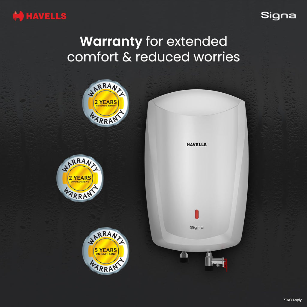 Havells Signa 5L Instant Water Heater(Geyser) with Anti Rust Aqua Shield| Twin LED Indicator| Shock Proof Body| ISI Marked| Fire Retardant Power Cord| Warranty- 5Yr on inner tank & 2Yr comprehensive