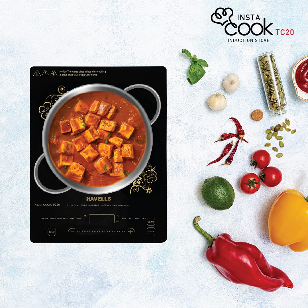 Havells TC 20 Glass Ceramic Cooktop Induction (Electric Stove) | 2000 W | With 9 Cooking Options | Copper Coil with 3 Year Warranty | Auto Pan Detection Sensor | Designer Touch Panel (Black)