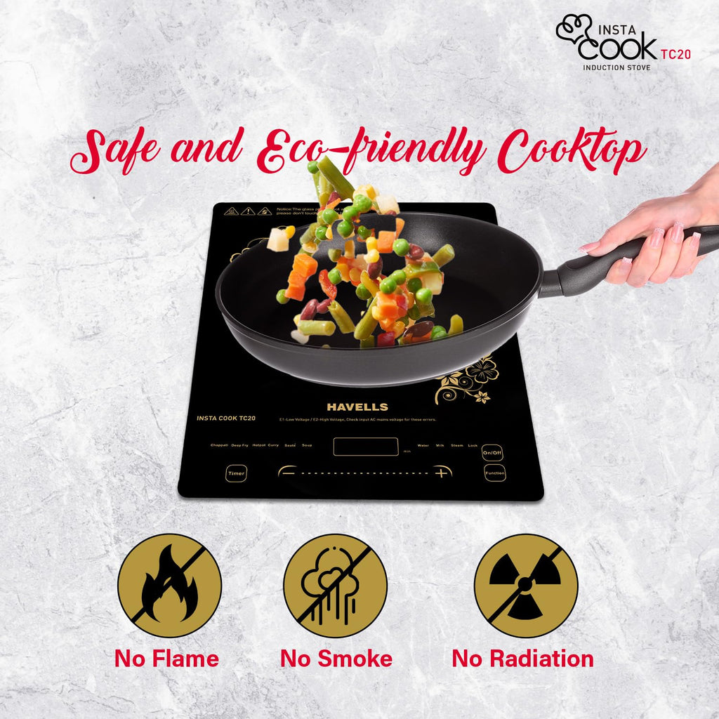 Havells TC 20 Glass Ceramic Cooktop Induction (Electric Stove) | 2000 W | With 9 Cooking Options | Copper Coil with 3 Year Warranty | Auto Pan Detection Sensor | Designer Touch Panel (Black)