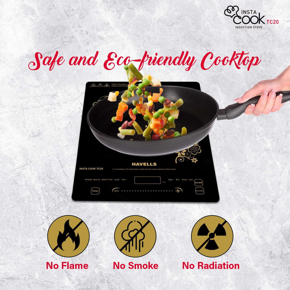 Havells TC 20 Glass Ceramic Cooktop Induction (Electric Stove) | 2000 W | With 9 Cooking Options | Copper Coil with 3 Year Warranty | Auto Pan Detection Sensor | Designer Touch Panel (Black)