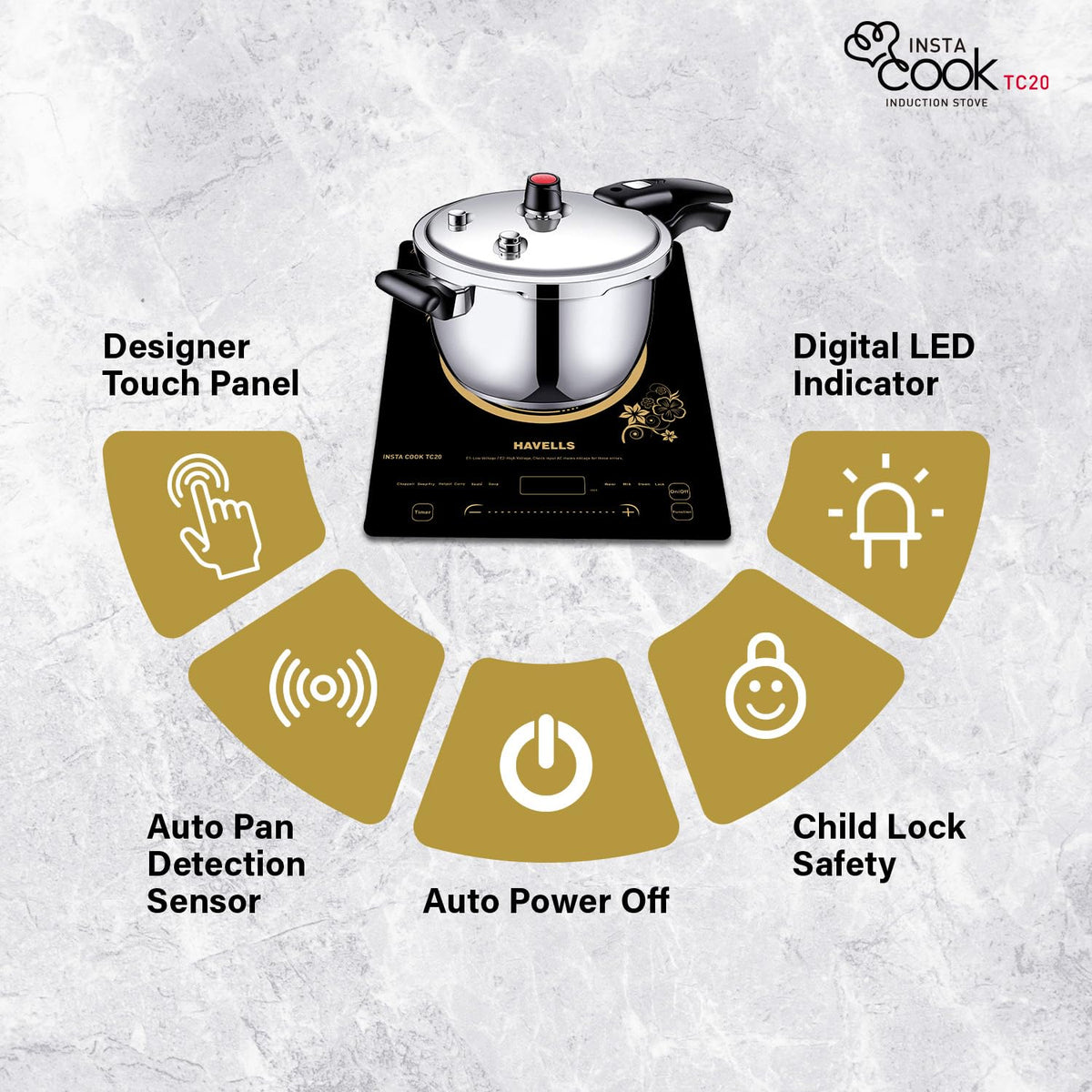 Havells TC 20 Glass Ceramic Cooktop Induction (Electric Stove) | 2000 W | With 9 Cooking Options | Copper Coil with 3 Year Warranty | Auto Pan Detection Sensor | Designer Touch Panel (Black)