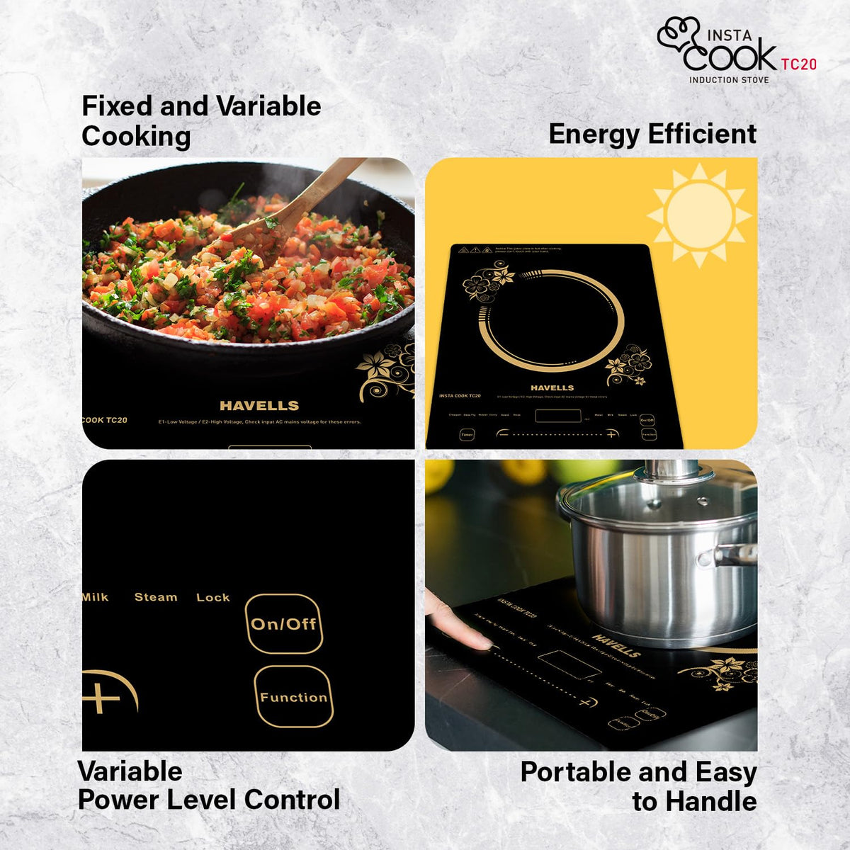 Havells TC 20 Glass Ceramic Cooktop Induction (Electric Stove) | 2000 W | With 9 Cooking Options | Copper Coil with 3 Year Warranty | Auto Pan Detection Sensor | Designer Touch Panel (Black)