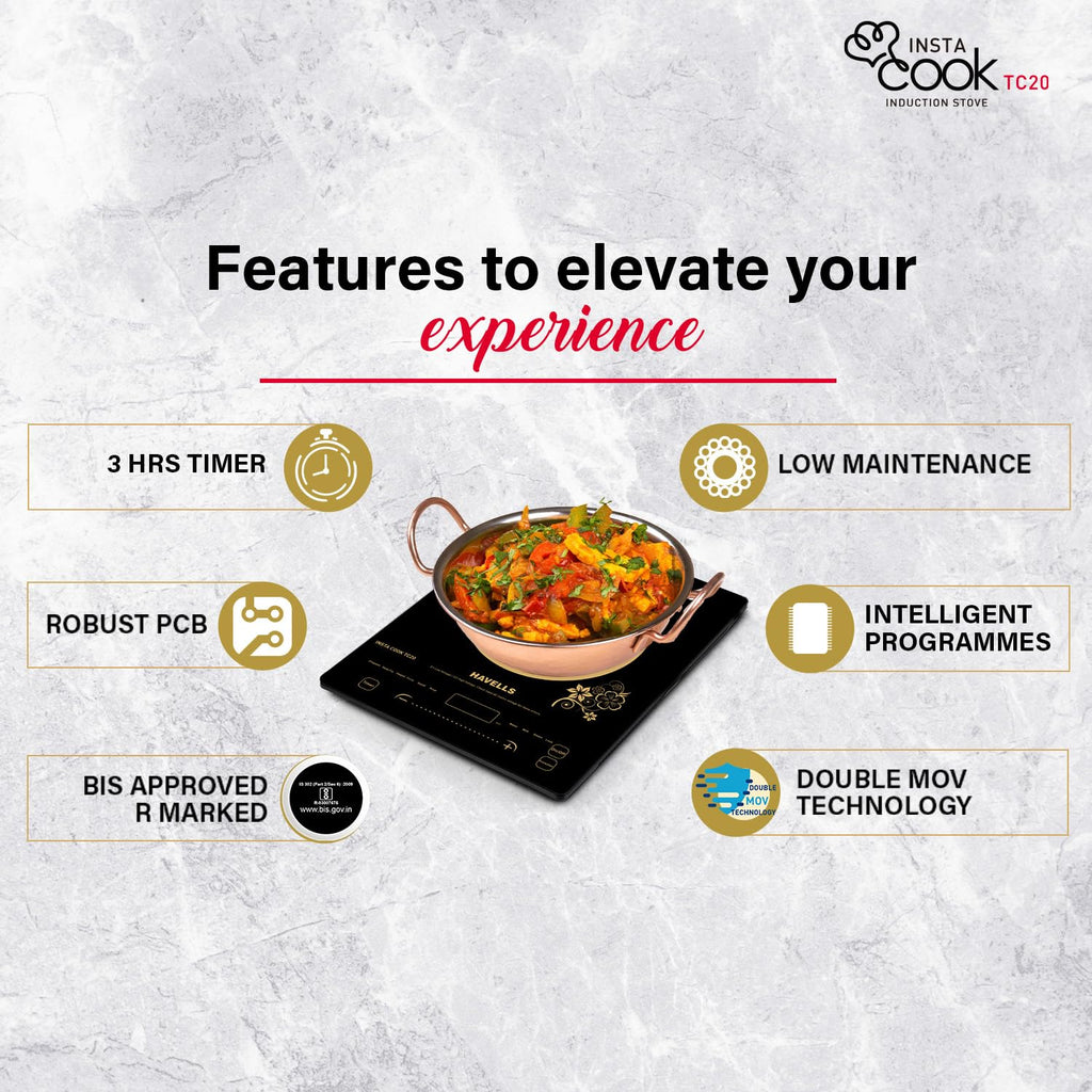Havells TC 20 Glass Ceramic Cooktop Induction (Electric Stove) | 2000 W | With 9 Cooking Options | Copper Coil with 3 Year Warranty | Auto Pan Detection Sensor | Designer Touch Panel (Black)