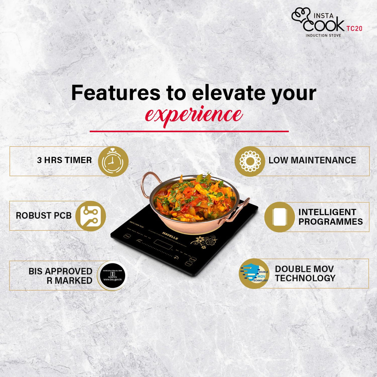 Havells TC 20 Glass Ceramic Cooktop Induction (Electric Stove) | 2000 W | With 9 Cooking Options | Copper Coil with 3 Year Warranty | Auto Pan Detection Sensor | Designer Touch Panel (Black)