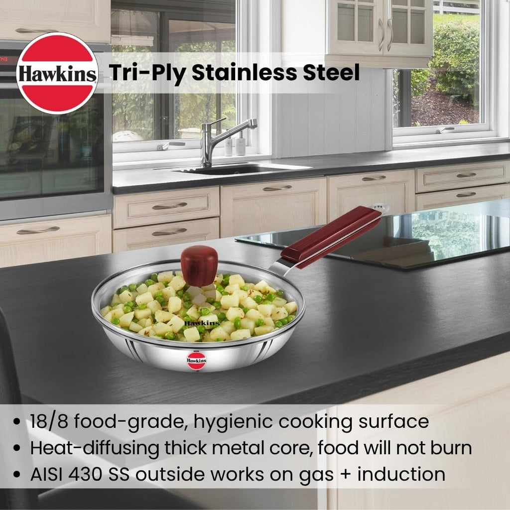 Hawkins 20 cm Frying Pan, Triply Stainless Steel Fry Pan with Glass Lid, Induction Frying Pan, Silver (SSF20G)