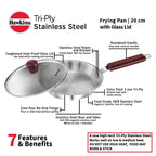 Hawkins 20 cm Frying Pan, Triply Stainless Steel Fry Pan with Glass Lid, Induction Frying Pan, Silver (SSF20G)