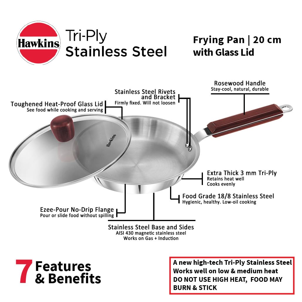 Hawkins 20 cm Frying Pan, Triply Stainless Steel Fry Pan with Glass Lid, Induction Frying Pan, Silver (SSF20G)