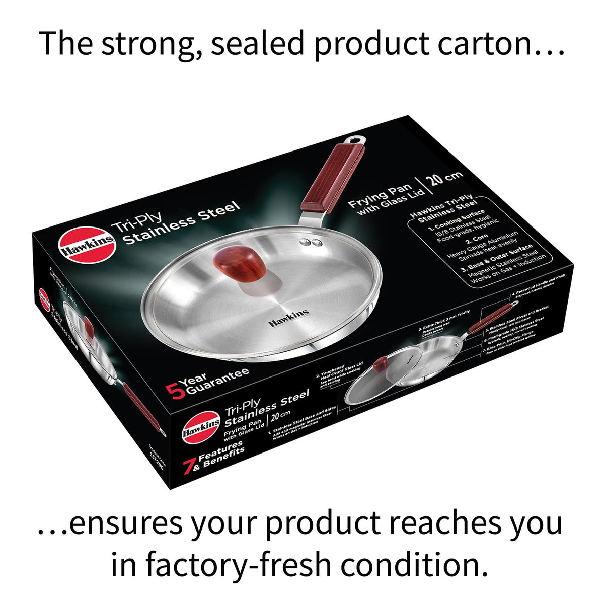 Hawkins 20 cm Frying Pan, Triply Stainless Steel Fry Pan with Glass Lid, Induction Frying Pan, Silver (SSF20G)