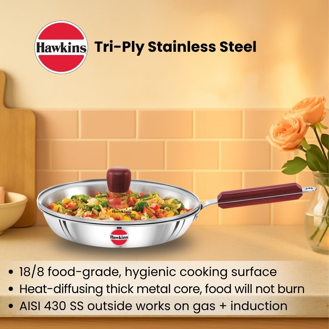 Hawkins 24 cm Frying Pan, Triply Stainless Steel Fry Pan with Glass Lid, Induction Frying Pan, Frypan, Silver (SSF24G)