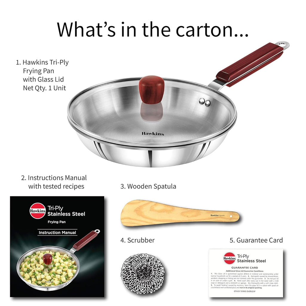 Hawkins 24 cm Frying Pan, Triply Stainless Steel Fry Pan with Glass Lid, Induction Frying Pan, Frypan, Silver (SSF24G)