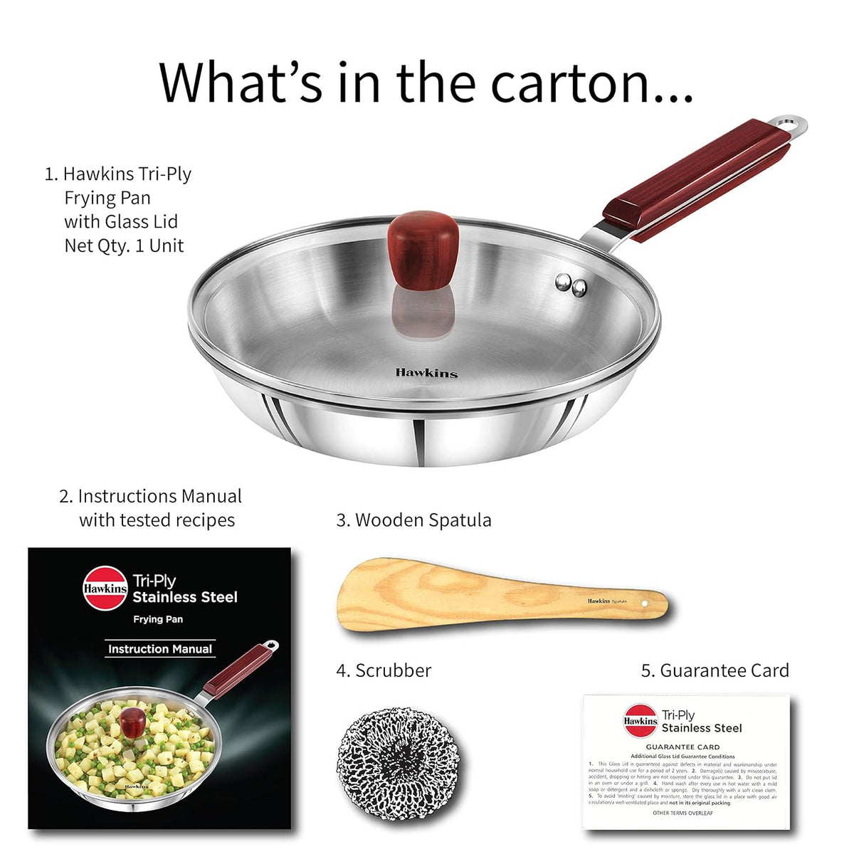 Hawkins 24 cm Frying Pan, Triply Stainless Steel Fry Pan with Glass Lid, Induction Frying Pan, Frypan, Silver (SSF24G)