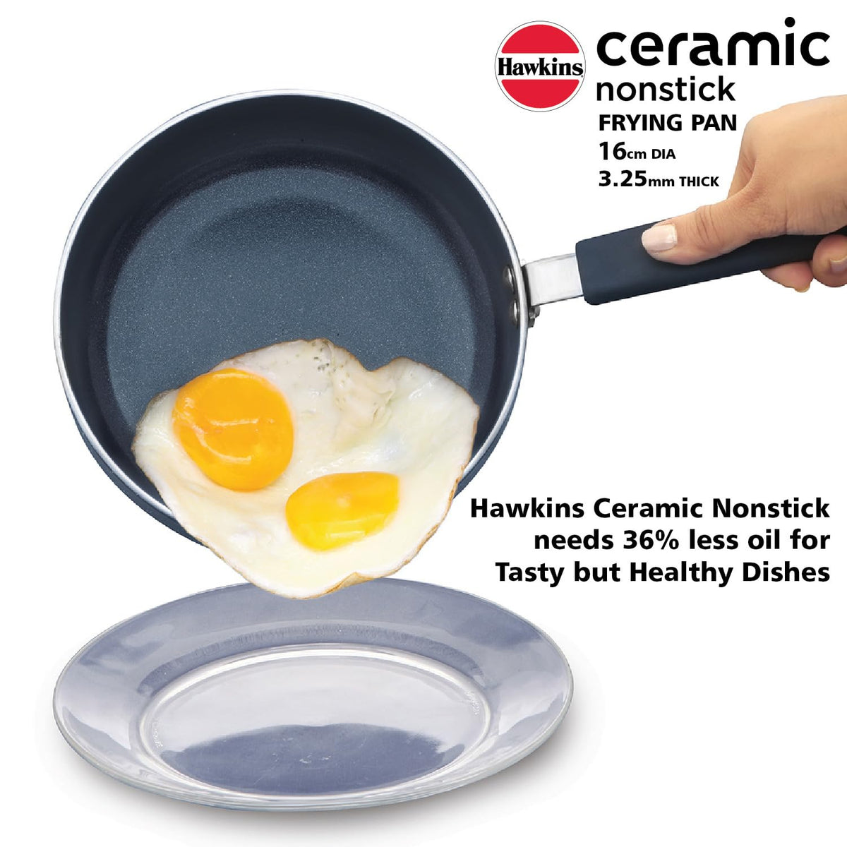 Hawkins Ceramic Nonstick Frying Pan, 16 cm Diameter, Induction Fry Pan with Glass Lid, Granite Omlette Egg Pan, Fish Pan (ICF16G)