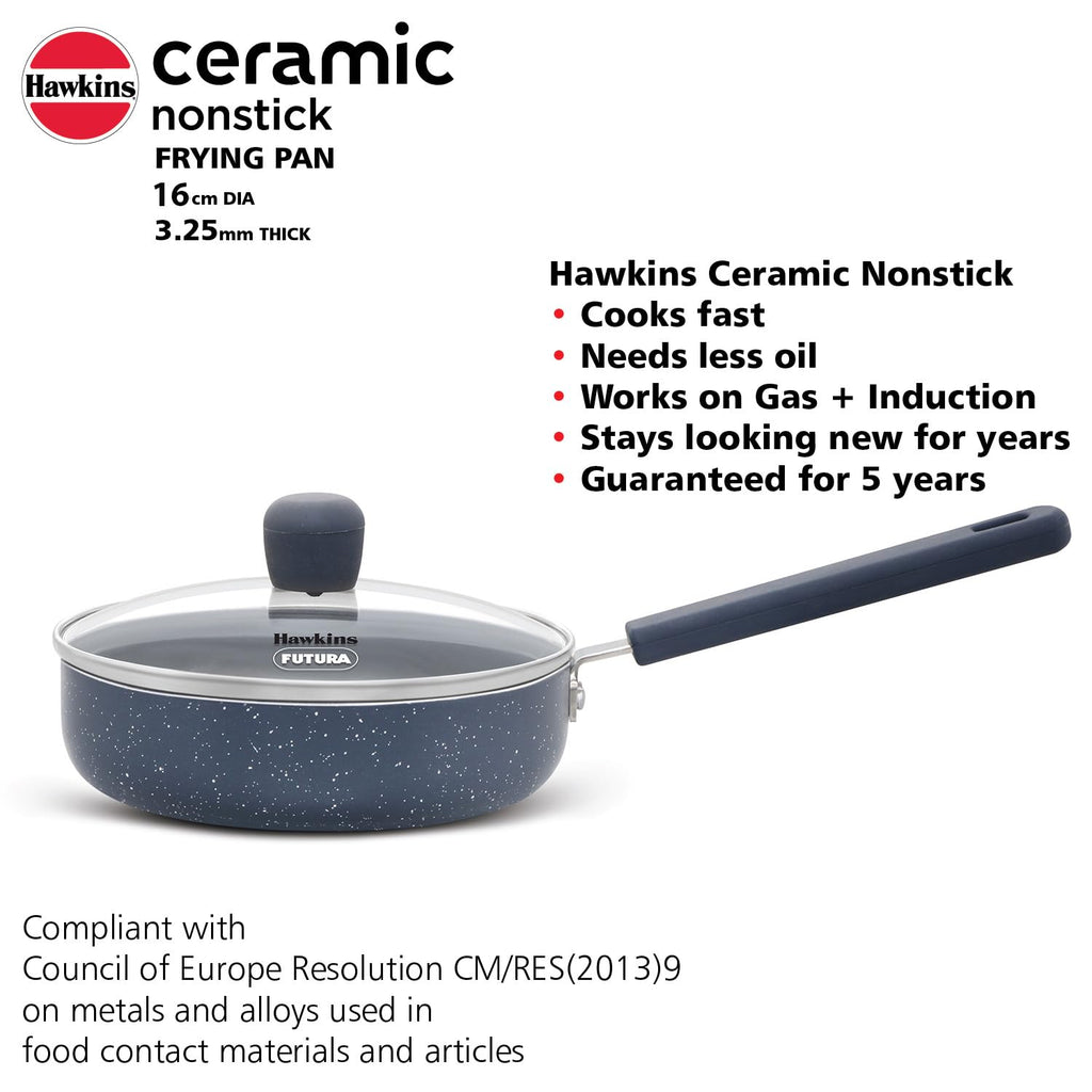 Hawkins Ceramic Nonstick Frying Pan, 16 cm Diameter, Induction Fry Pan with Glass Lid, Granite Omlette Egg Pan, Fish Pan (ICF16G)