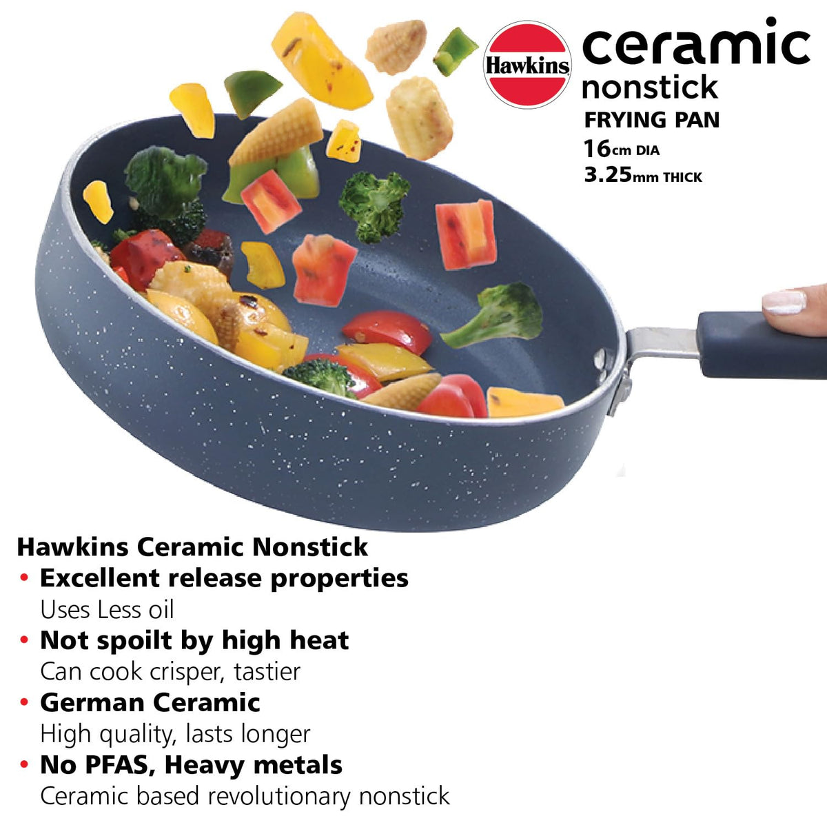 Hawkins Ceramic Nonstick Frying Pan, 16 cm Diameter, Induction Fry Pan with Glass Lid, Granite Omlette Egg Pan, Fish Pan (ICF16G)